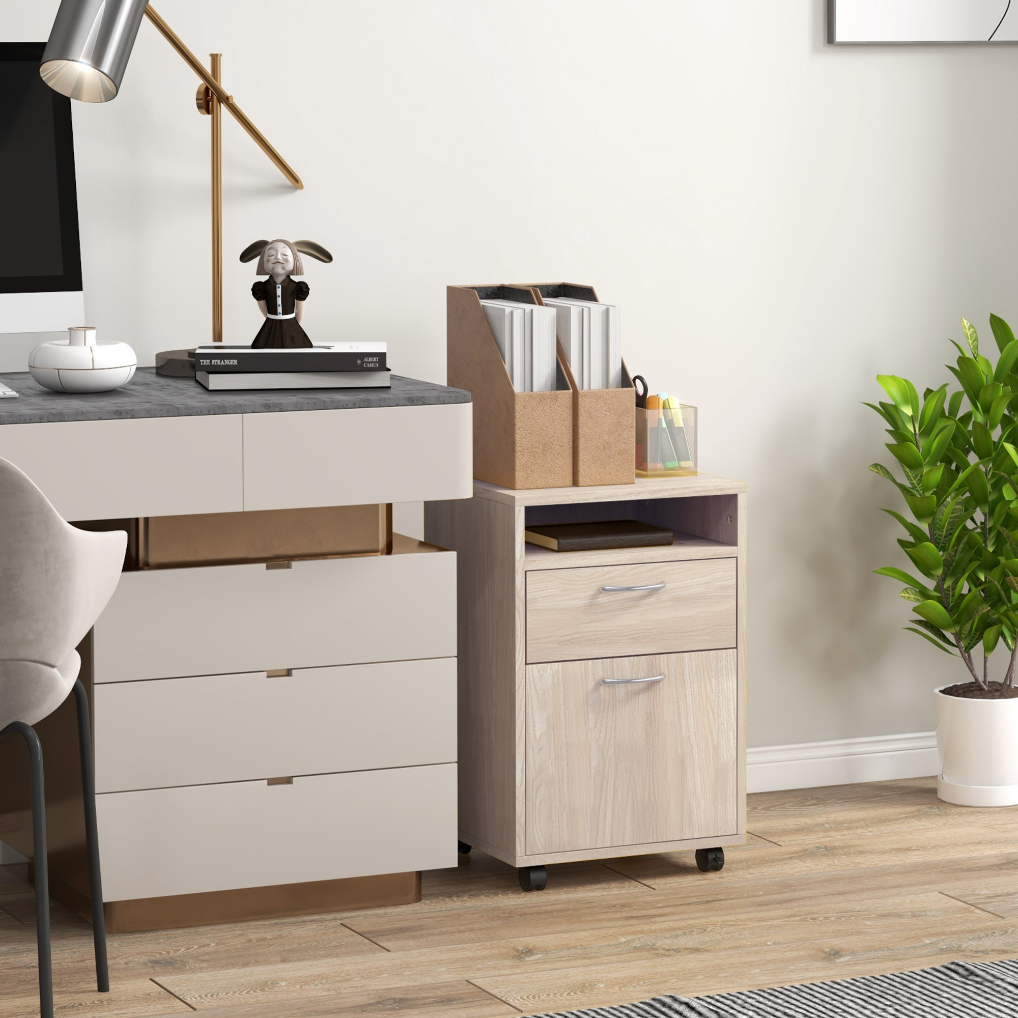 Cajonera de Escritorio con Ruedas, Cajonera de Oficina con Cajón, Compartimento, Puerta, Archivador Móvil para Estudio, Salón, 40x35x60 cm, Roble