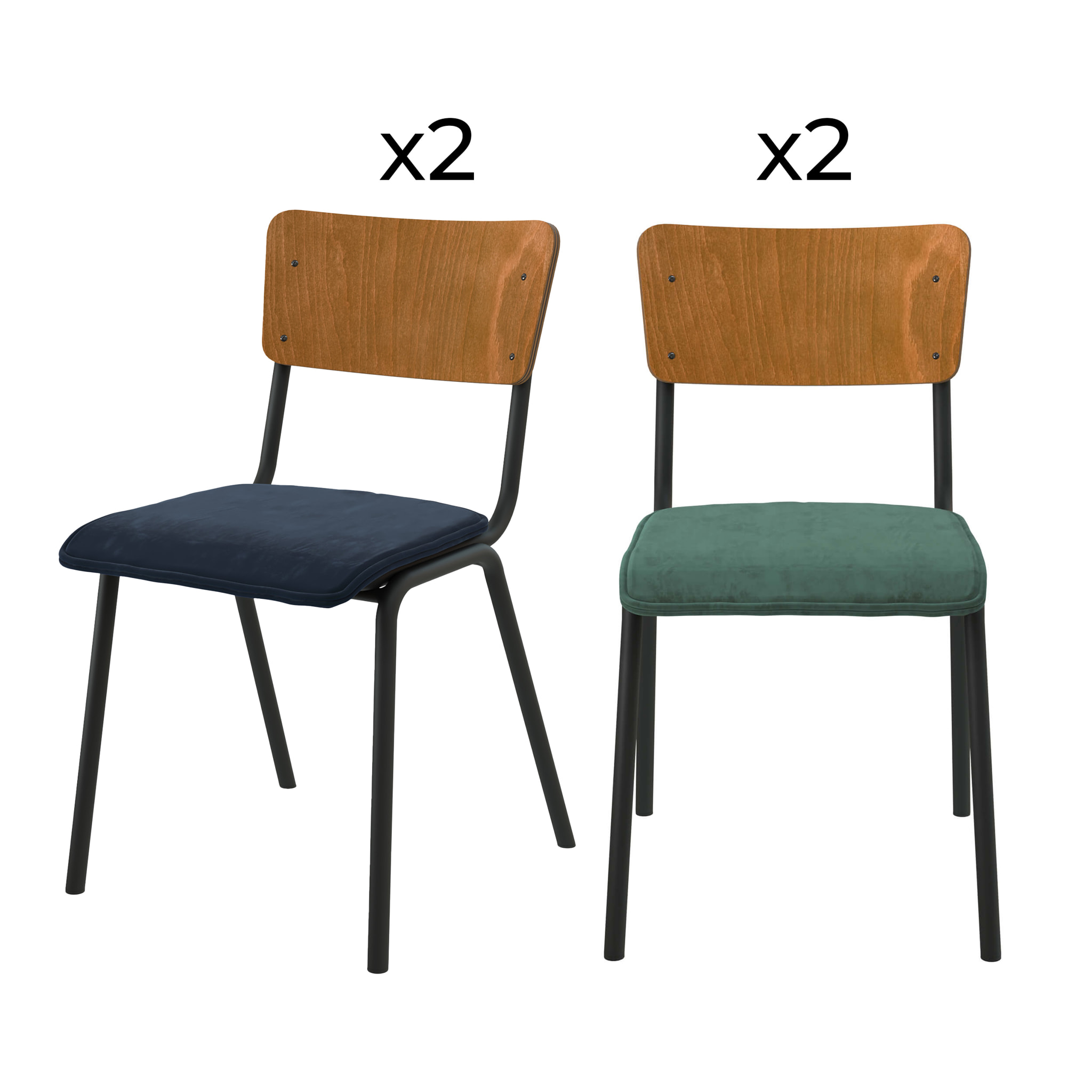 Pack 4 chaises Nico en velours bleu et vert