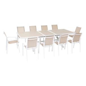 Table de jardin extensible "Axiome" en aluminium lin & blanc traité époxy 10 places