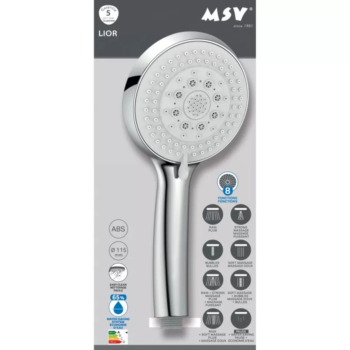 Pommeau de douche MSV Lior Ø 115 mm – 8 fonctions – Économie d'eau 65 % – Chromé