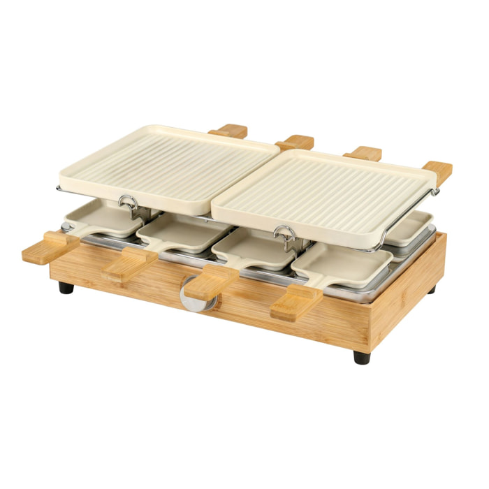 Appareil à raclette 8 personnes en aluminium crème et bambou