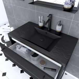 Meuble de salle de bain 80x50 cm - 2 tiroirs noir mat - vasque résine noire effet pierre + miroir