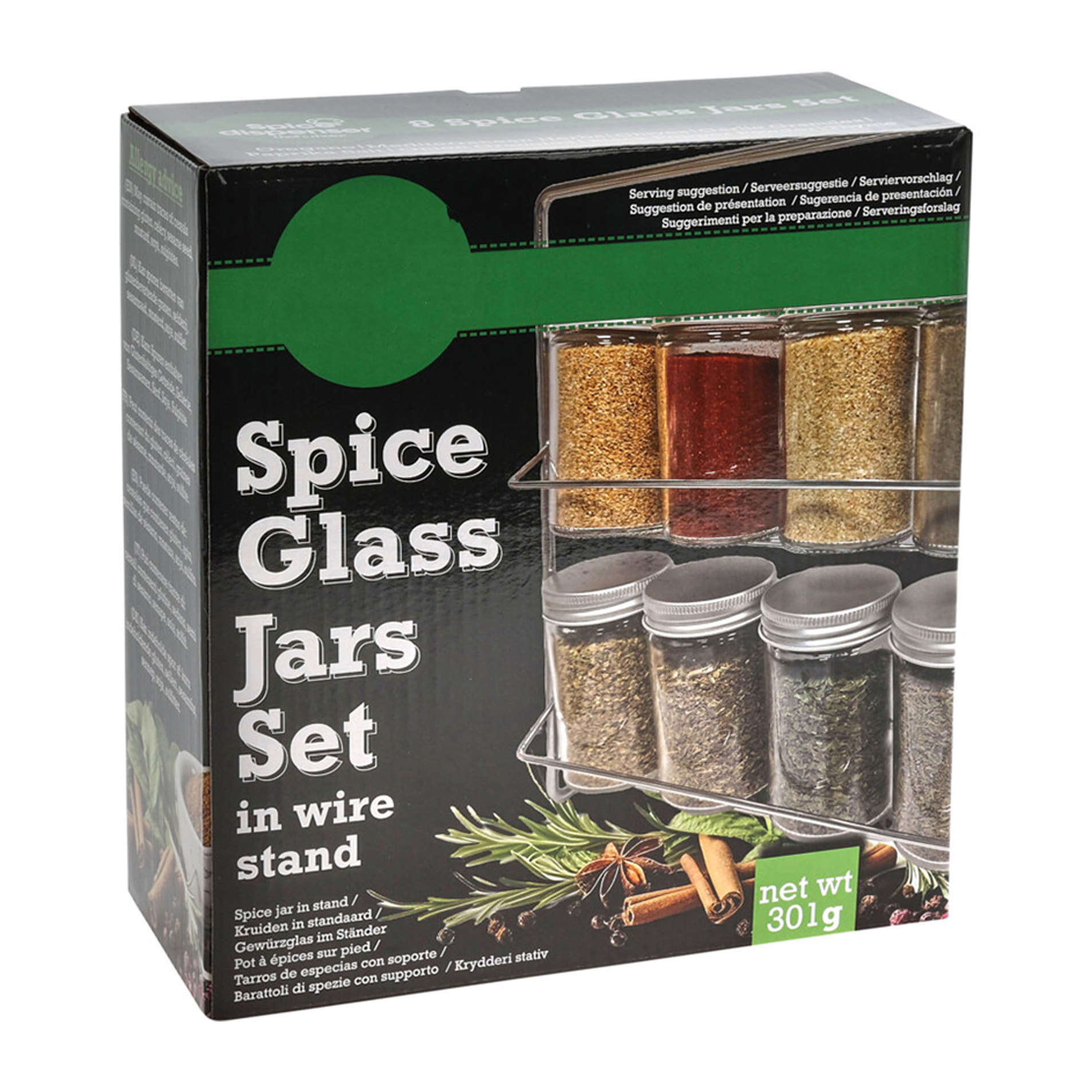 Conjunto de 8 botellas de especias en soporte metálico tapa de aluminio y botellas de vidrio 23xh24cm