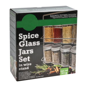 Conjunto de 8 botellas de especias en soporte metálico tapa de aluminio y botellas de vidrio 23xh24cm