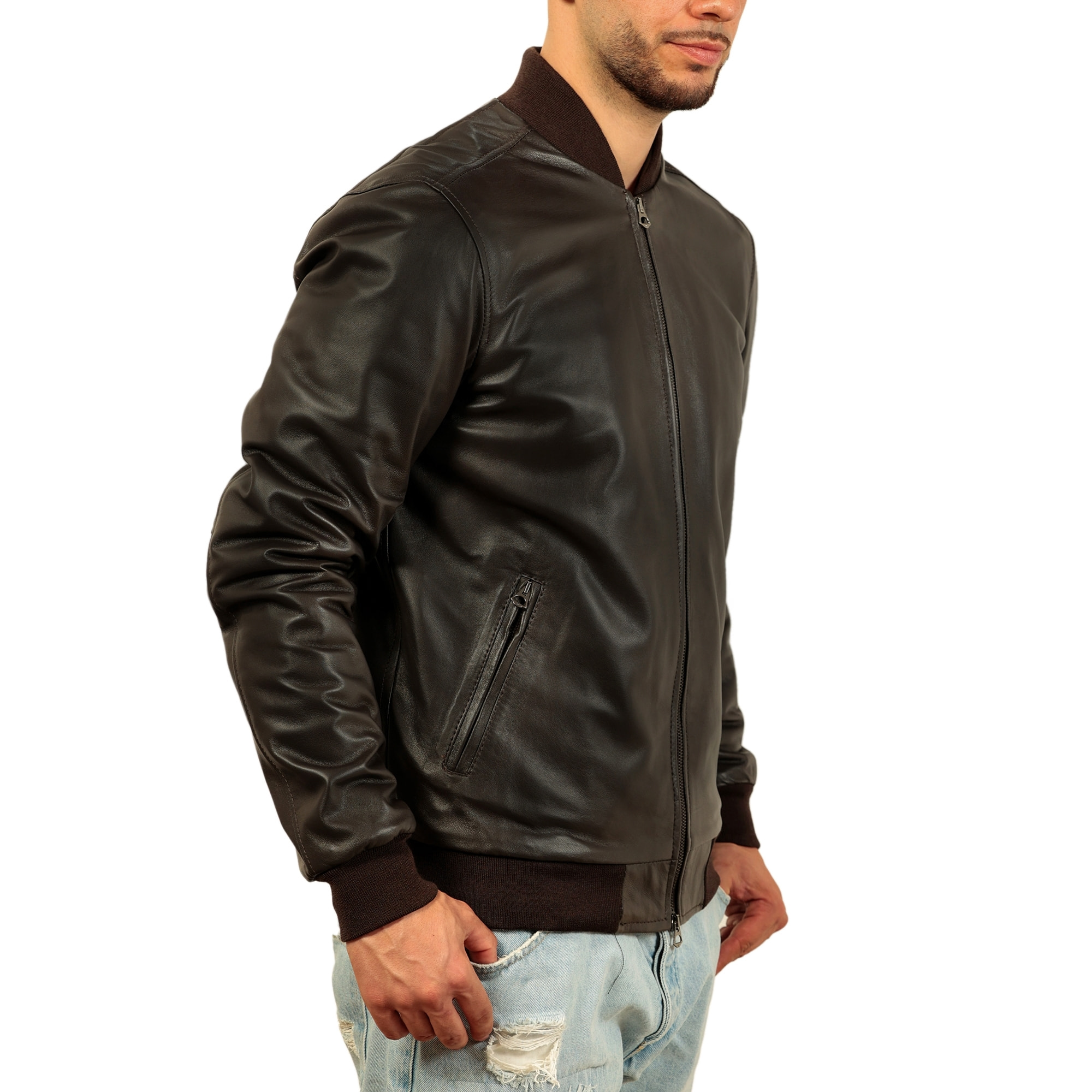 Giubbino in vera pelle di vitello foderato con trapunta invernale Marrone-Slim Fit