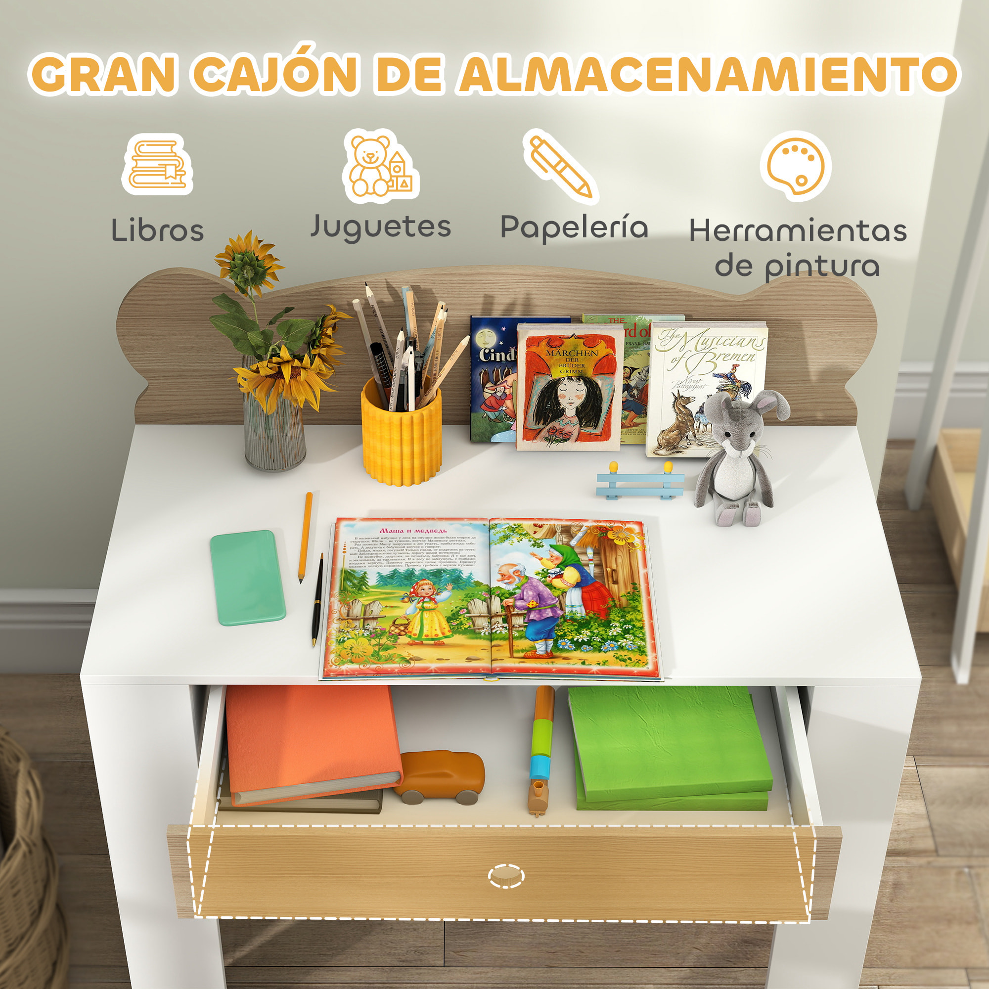 Escritorio Infantil con Silla en Forma de Osito Pupitre Infantil con Cajón para Estudiar Leer y Dibujar Mesa para Niños para Dormitorio Sala Estudio Natural