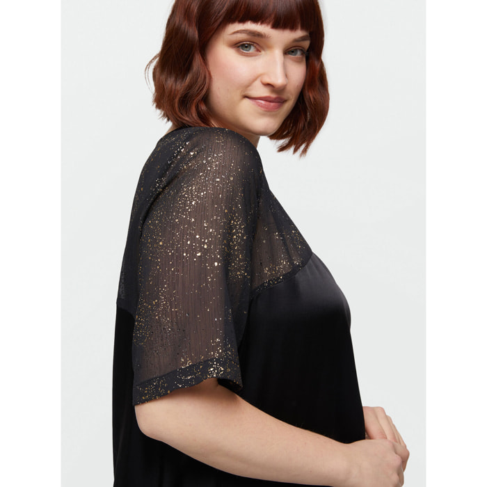 Fiorella Rubino - Blusa de dos tejidos con estampado dorado - Negro