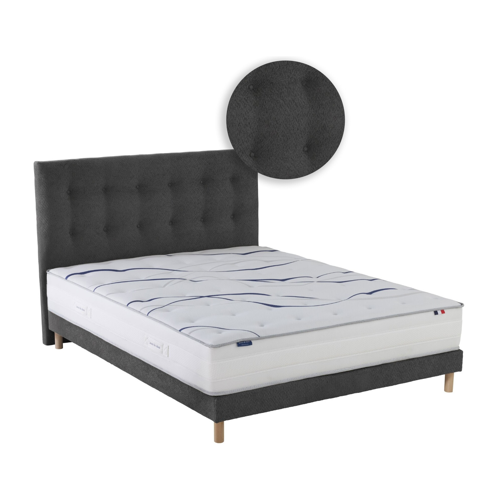 Ensemble matelas mousse ELYSIA avec sommier et tête de lit, chenille bouclettes gris anthracite