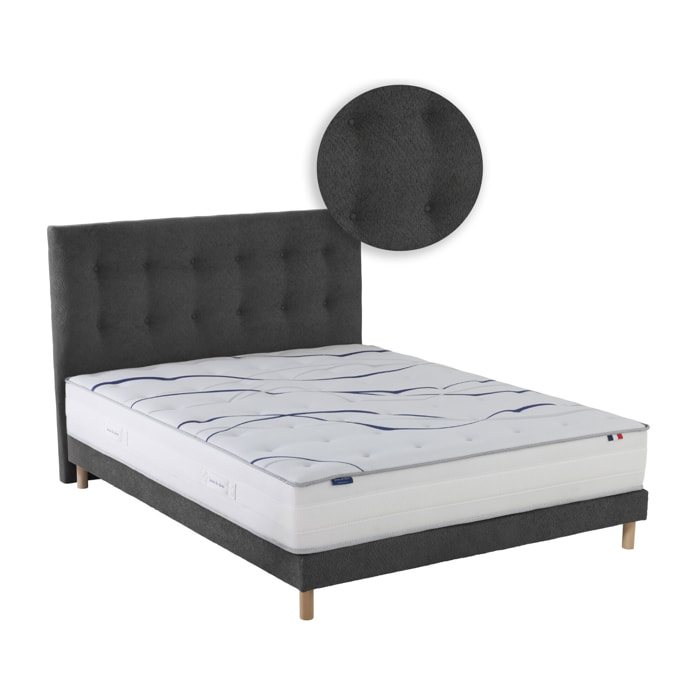 Ensemble matelas mousse ELYSIA avec sommier et tête de lit, chenille bouclettes gris anthracite