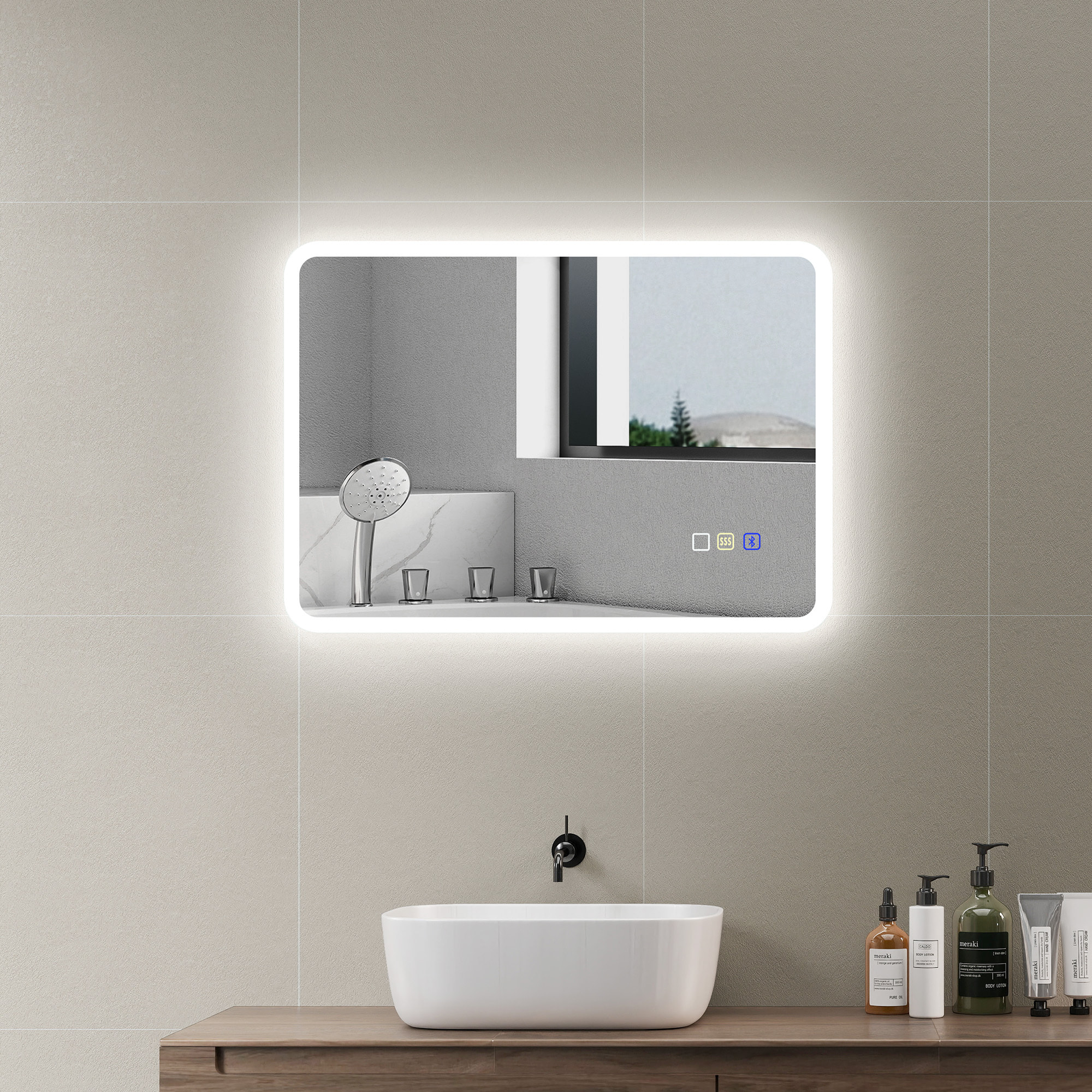 Miroir lumineux LED salle de bain 50 x 70 cm bluetooth interrupteur tactile lumière réglable 3 couleurs fonction anti-buée et mémoire