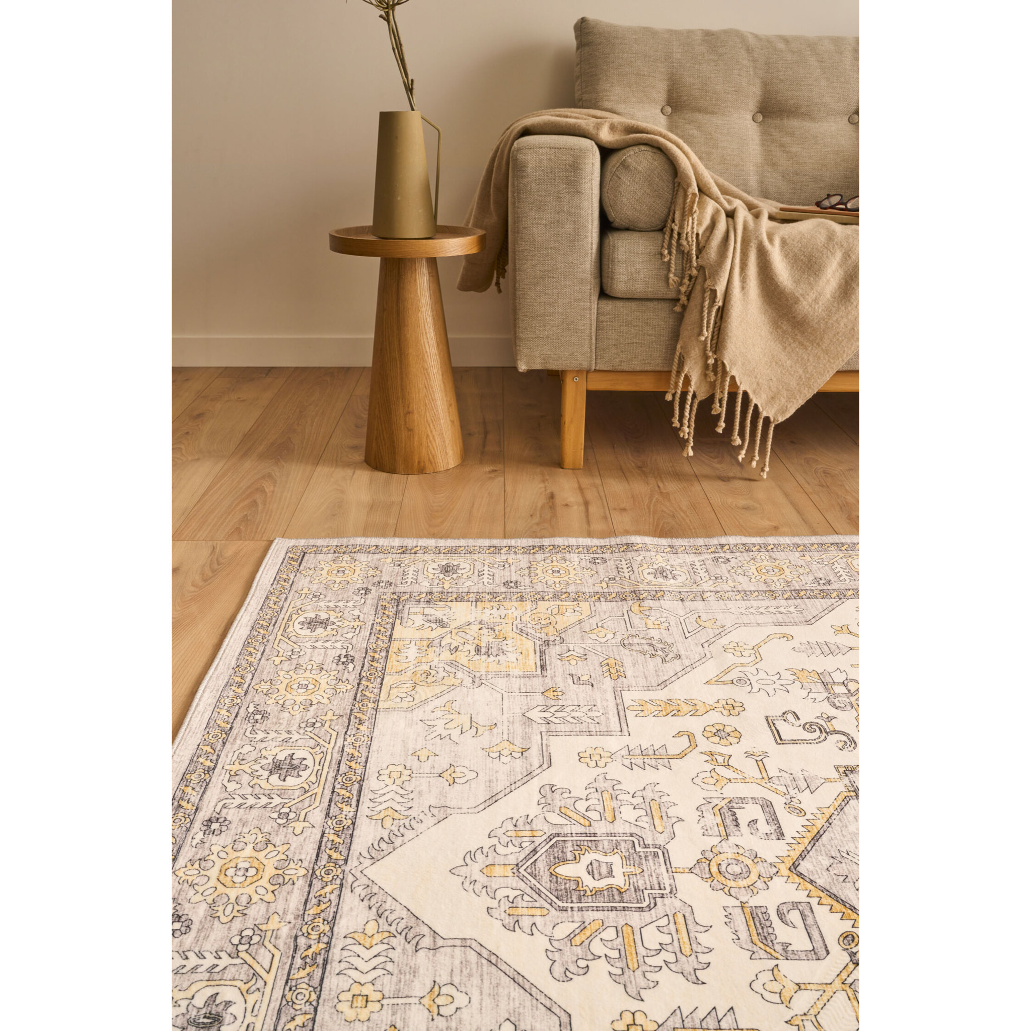 OTTOMAN - Tapis à poils courts doux à motif oriental jaune