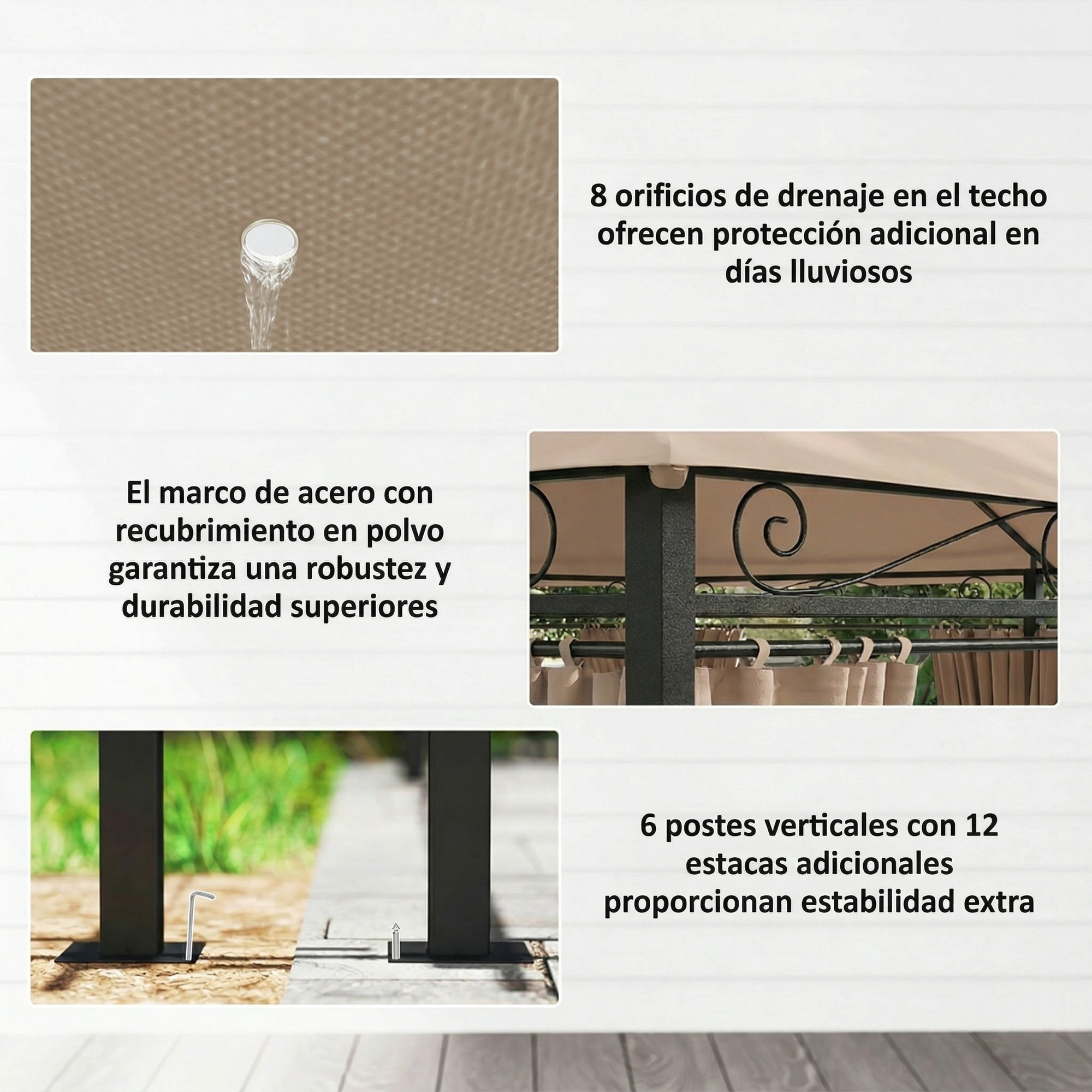 Cenador para Jardín 3x4 m, Pabellón de Jardín, Gazebo con Doble Techo, 6 Paredes Laterales, Estructura Metálica, Drenaje, Carpa para Exterior, Terraza, Patio, Caqui