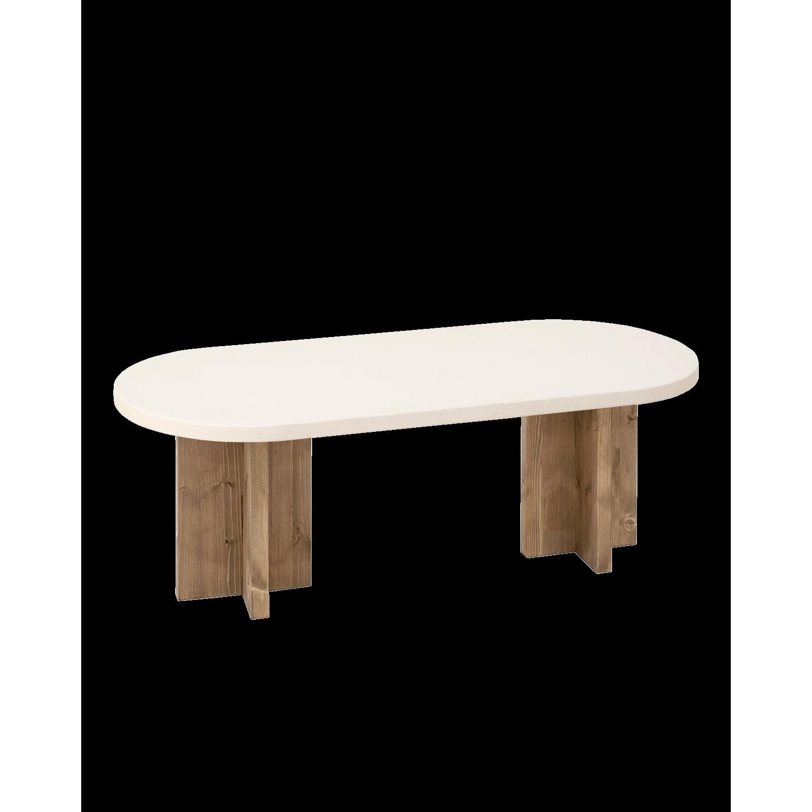 Mesa de centro de microcemento en tono blanco roto con patas de madera tono roble oscuro de 120x40cm Alto: 40 Largo: 120 Ancho: 50