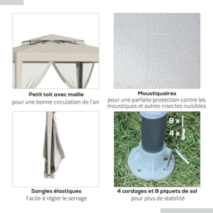 Tonnelle barnum de jardin 3L x 3l m avec 4 moustiquaires amovibles - double toit - métal polyester beige