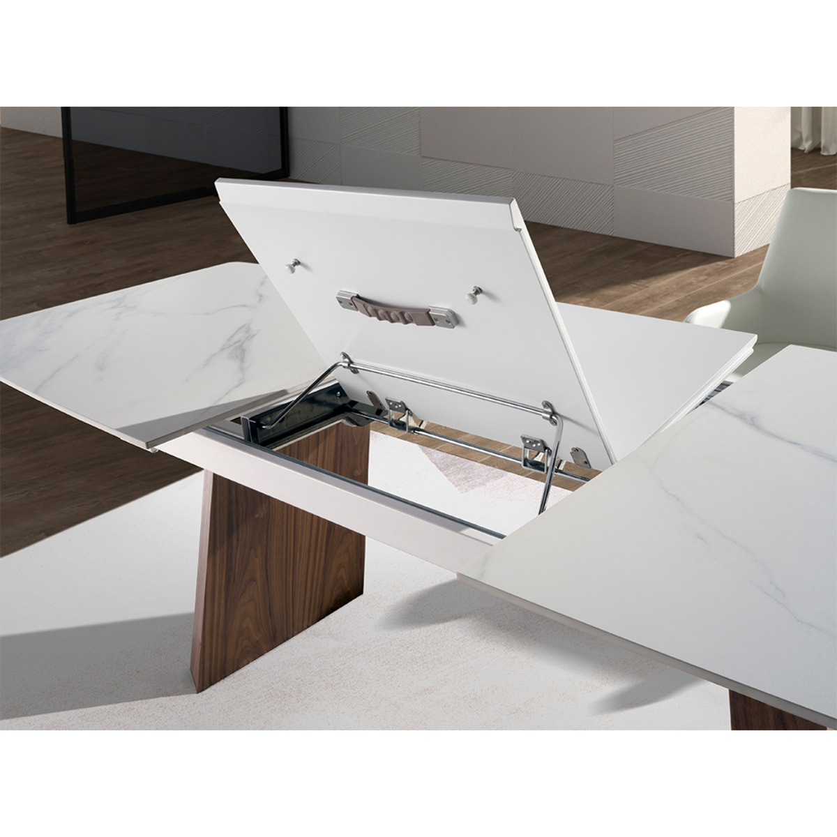 Mesa comedor Angel Cerdá extensible ovalada barril con tapa de mármol porcelánico blanco con vetas en gris en acabado mate 180x90x76cm