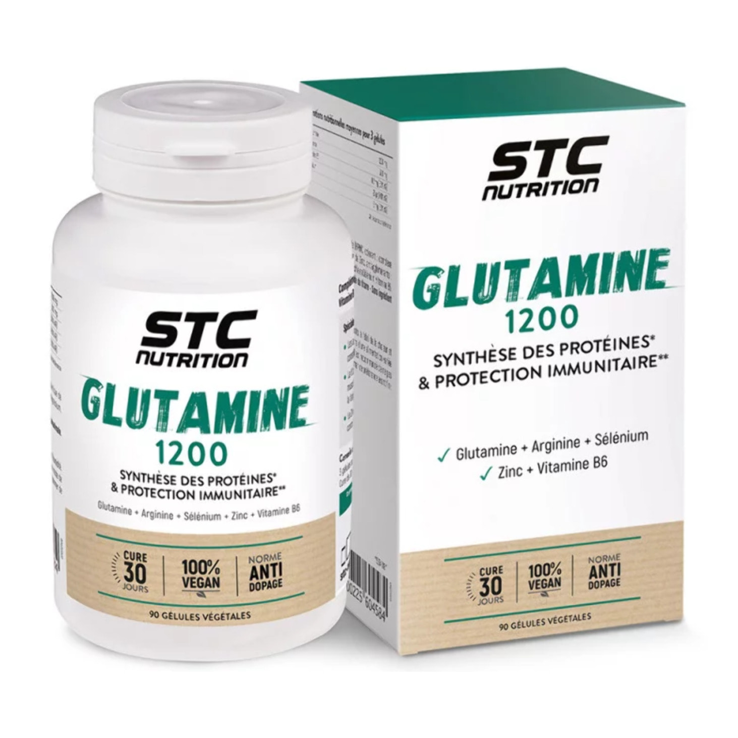 Glutamine 1200 - Synthèse des protéines & protection immunitaire - 100% vegan - Anti-Dopage - Cure de 30 j - 90 gélules