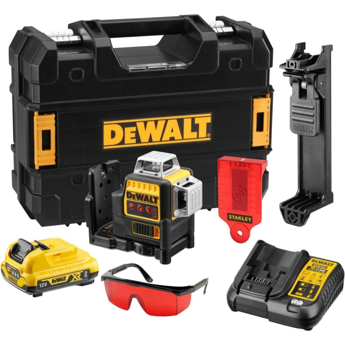 Laser 3x360° 10.8V - Faisceau rouge - DEWALT - avec Batterie 10.8V 2.0Ah et chargeur - accessoires - coffret - DCE089D1R