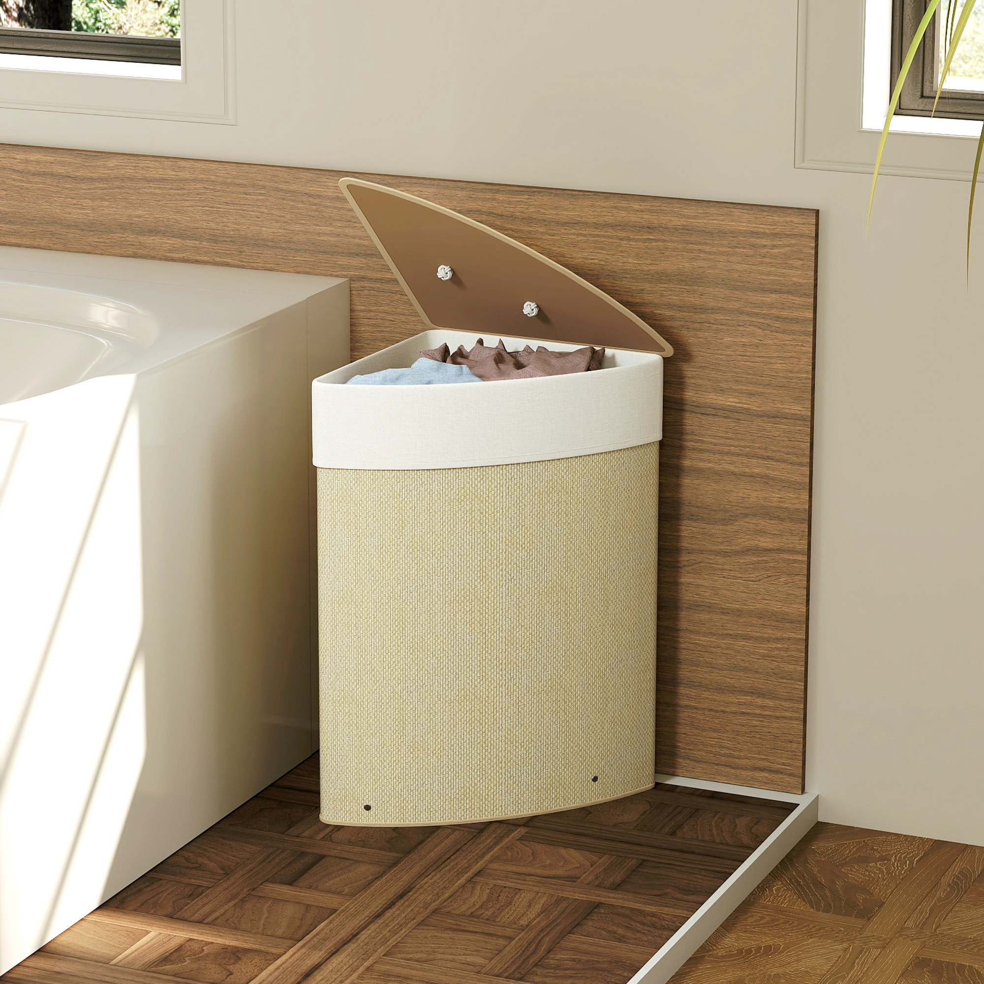 Cesto Ropa Sucia de Bambú para Esquina de 55L con Tapa y Asa, Cubo Ropa Sucia con Bolsa Extraíble y Lavable para Baño, Dormitorio, 35x35x60 cm, Crema