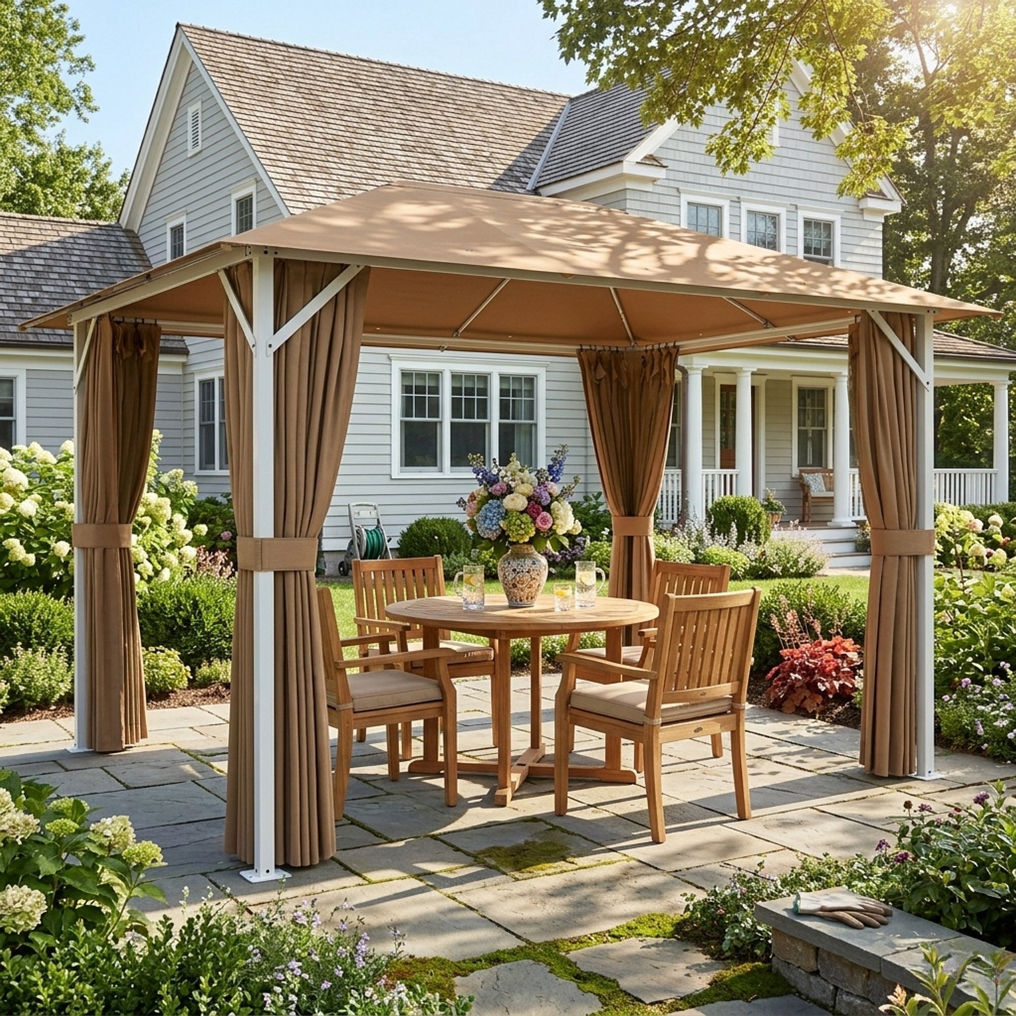 Pavillon de jardin style colonial coloris camel 4 x 3 m rideaux et moustiquaires inclus