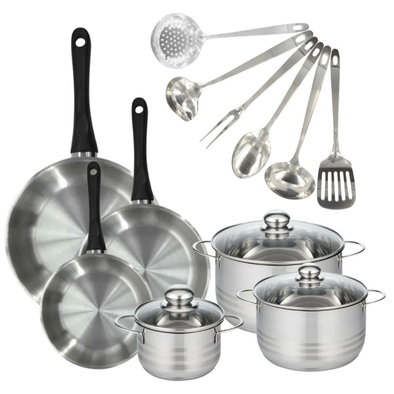 Set 3 poêles 20 24 28 cm, 3 faitouts 16, 20 et 24 cm en inox et 6 ustensiles inox Fackelmann Geneva