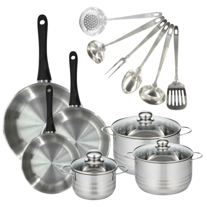 Set 3 poêles 20 24 28 cm, 3 faitouts 16, 20 et 24 cm en inox et 6 ustensiles inox Fackelmann Geneva