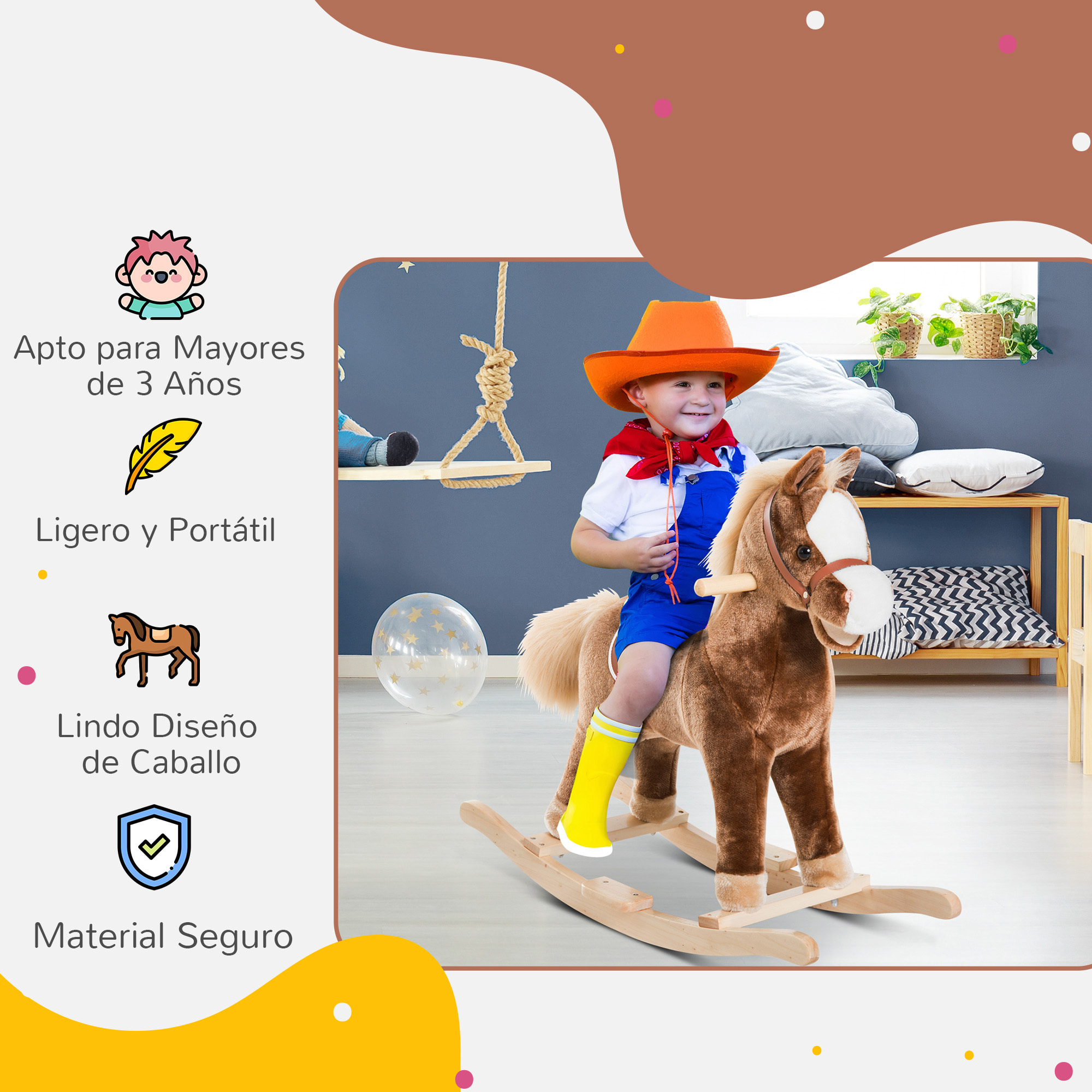 Caballo Balancín para Niños de +3 Años Caballo de Juguete con Asas Marco de Metal y Base de Madera Carga 40 kg 74x33x62 cm Marrón