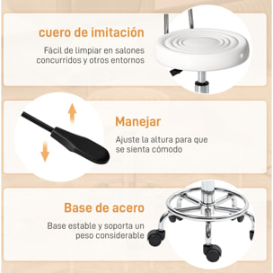 Taburete Giratorio Taburete con Ruedas y Respaldo Taburete de Trabajo con Altura Regulable 70-86 cm Asiento Tapizado de Cuero Sintético Blanco