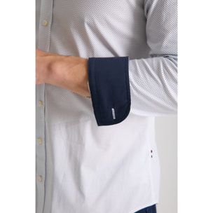 camicia uomo 1 bottone button down slim Popeline Stretch Stampato Bianco\Blu Inchiostro