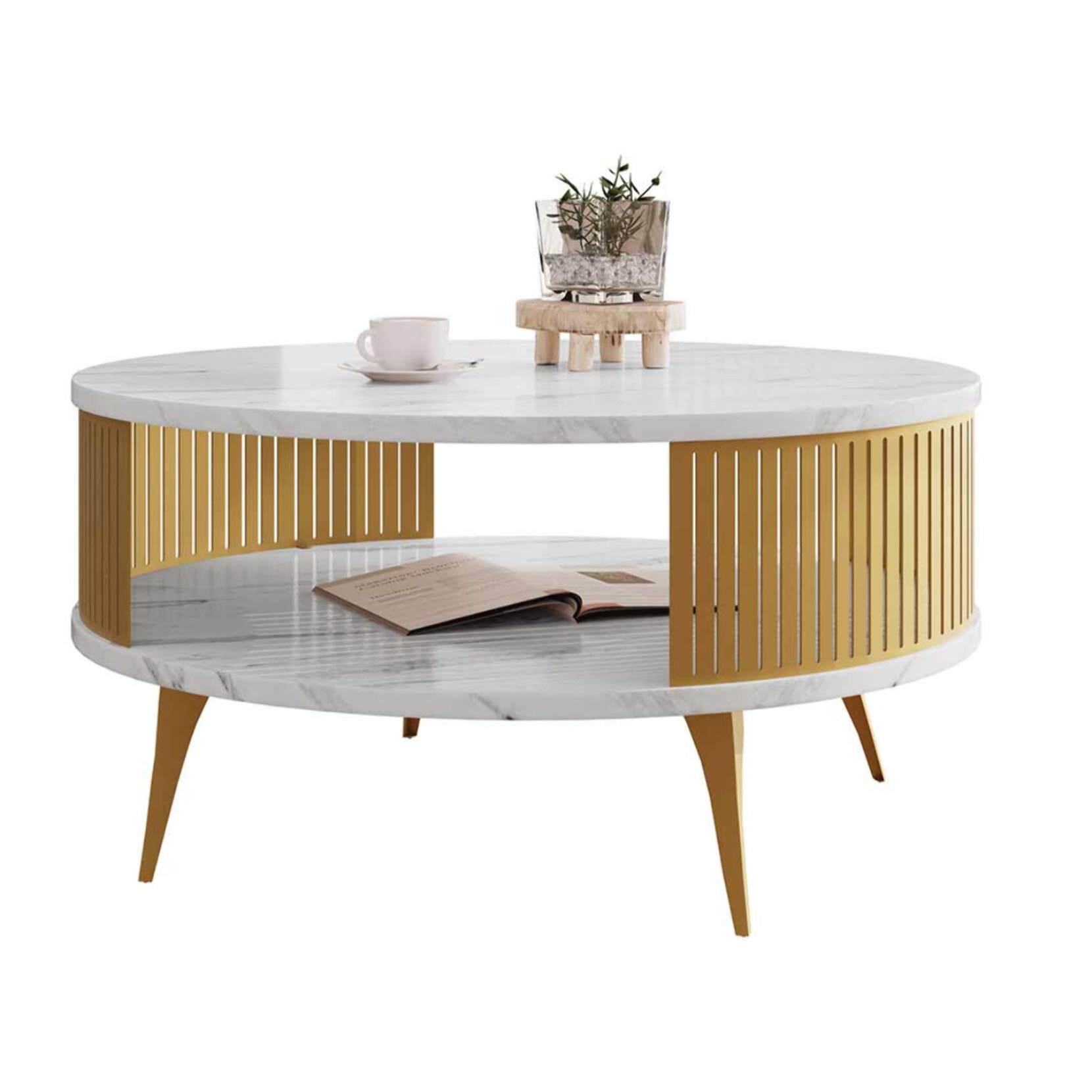 Forini - table basse ronde - effet marbre blanc et doré - 1 niche - 75 cm - Blanc / Doré