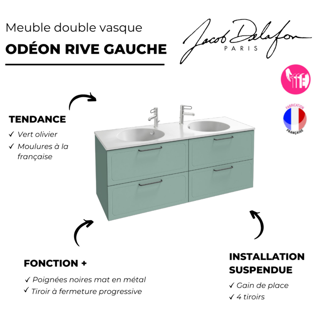 Meuble double vasque 140 cm Odéon Rive Gauche vert olivier