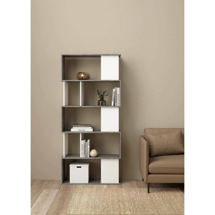 Libreria con 5 ripiani asimmetrici, colore bianco e grigio, Misure 80 x 175 x 29,5 cm