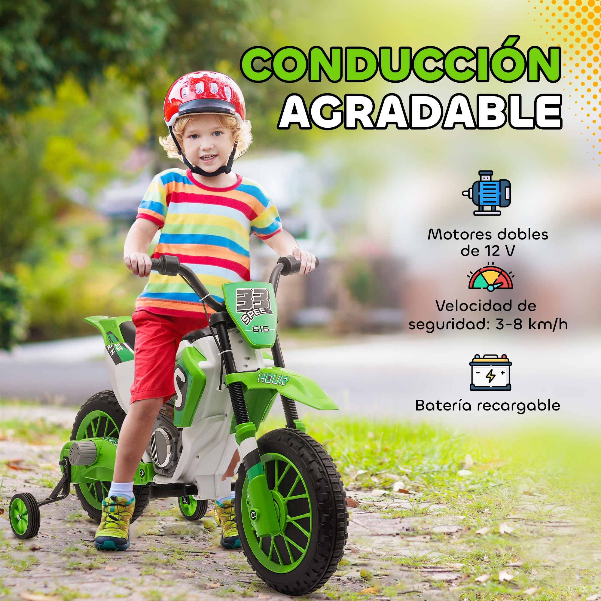 Moto Eléctrica para Niños de +3 Años 12V Moto de Juguete Infantil con 2 Ruedas de Equilibrio Velocidad 3-8 km/h Arranque Suave 106,5x51,5x68 cm Verde