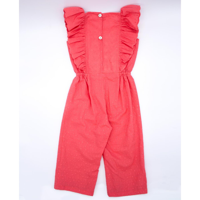 Mono bordado coral. De tirantes y pantalón largo, con volantes en la parte superior.