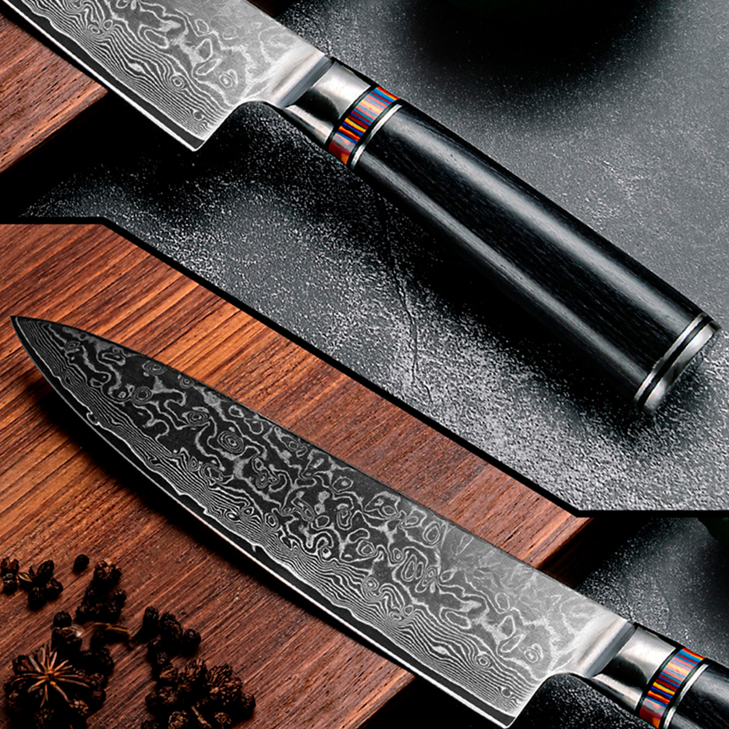 Set de cuchillos de cocina 8 en 1 estilo Damasco con diseño elegante y mango de madera negra con extremos de acero.