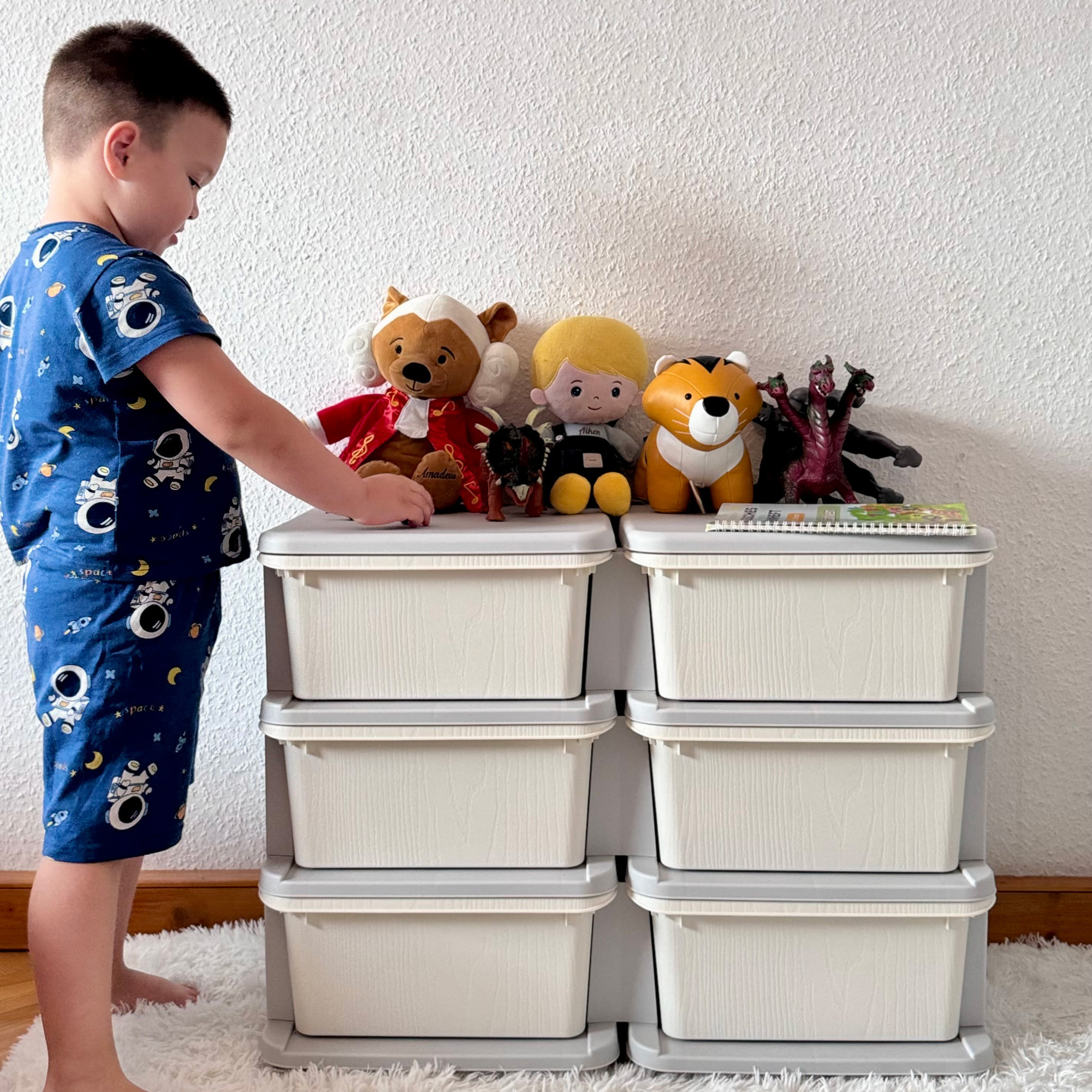 Organisateur de jouets enfant 6 tiroirs 3 niveaux gris clair crème