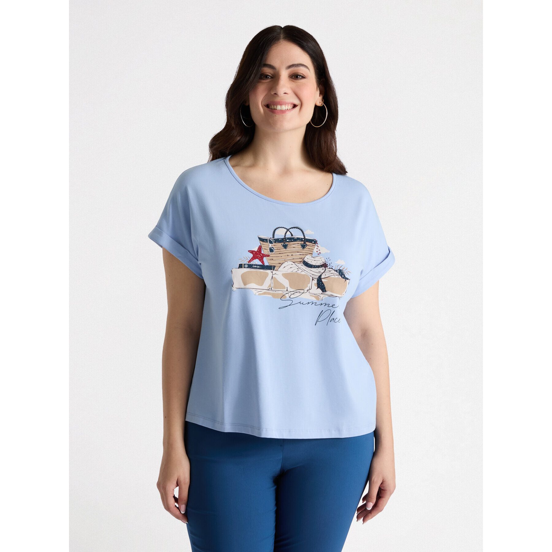 Fiorella Rubino - Camiseta con estampado de verano y pedrería - Light - blue