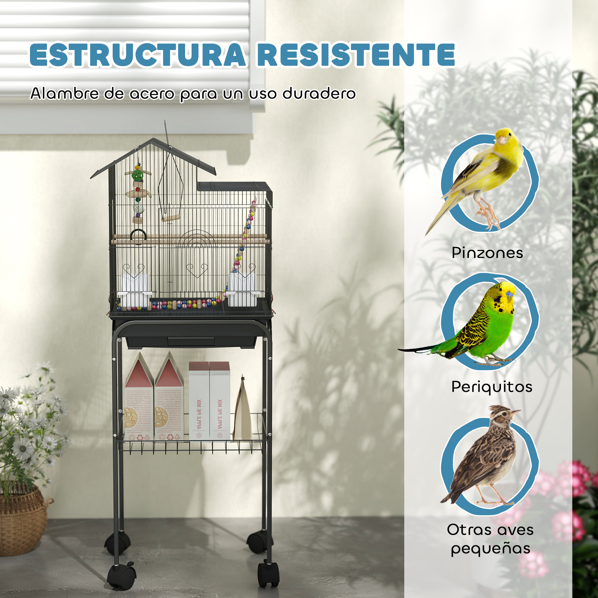 Jaula para Pájaros con Ruedas Pajarera con Cesta Múltiples Puertas 2 Comederos 2 Perchas Columpio Escaleras y Bandeja Extraíble para Loros Canarios Periquitos 46x36x120 cm Negro