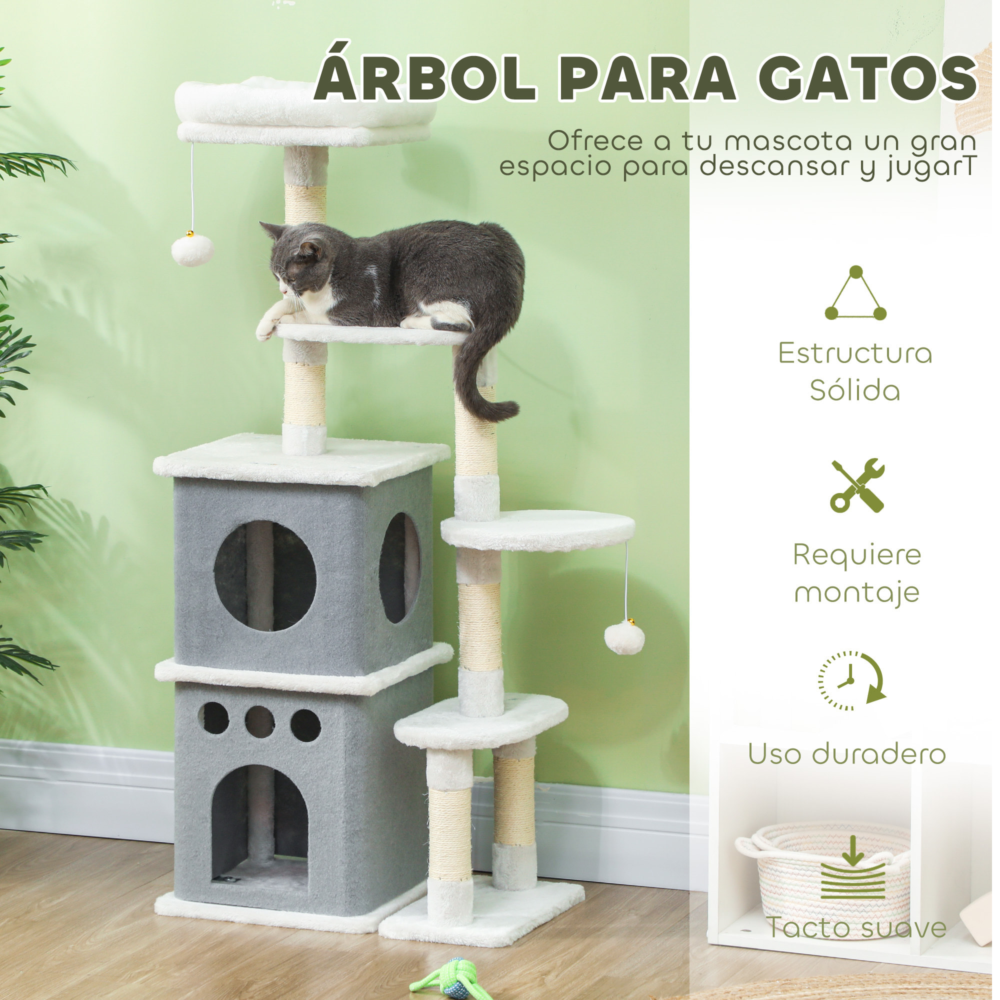 Árbol Rascador para Gatos 126 cm Torre para Gatos Rascador para Gatos con Nidos Plataformas Bolas Colgantes y Postes de Sisal Crema