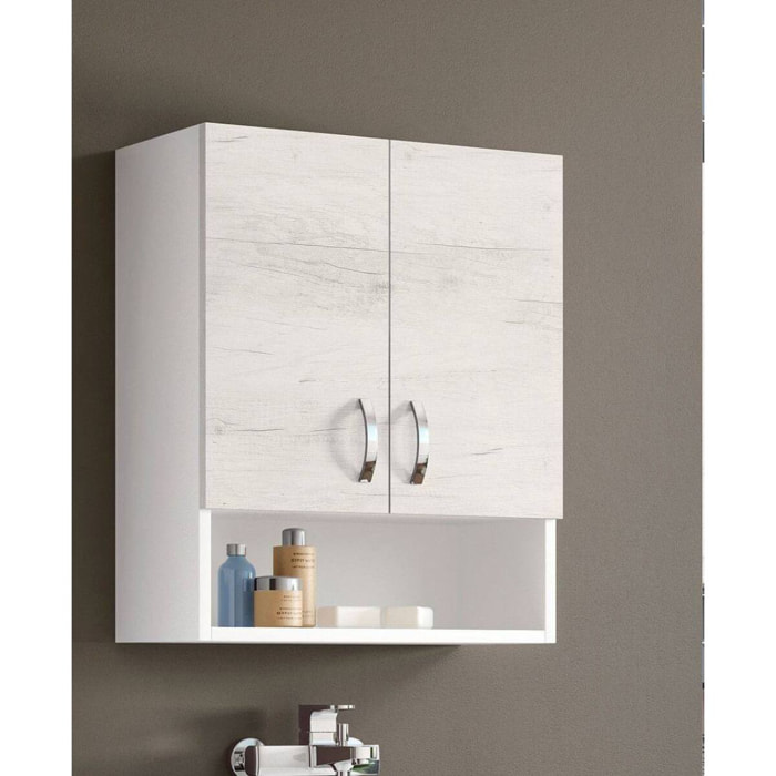 Armadietto da bagno Made in Italy, Mobiletto pensile da bagno a due ante, Pensile da muro con vano portaoggetti, cm 58x22h70, colore Rovere sbiancato