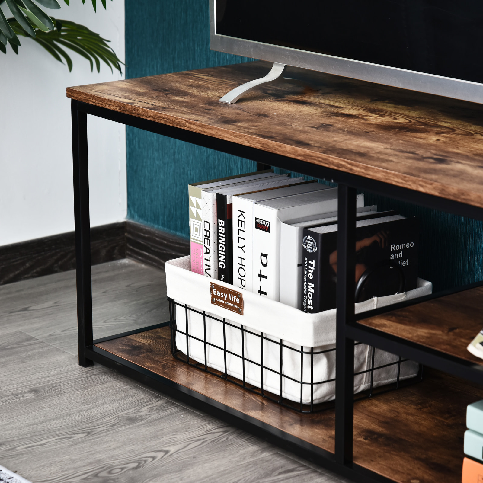 Meuble TV design industriel dim. 120L x 40l x 45H cm grand plateau 2 étagères panneaux particules coloris boisé métal noir