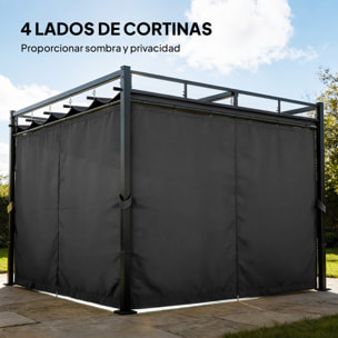 Pérgola de Jardín 3x3 m con Techo Retráctil y 4 Cortinas, Cenador de Jardín con Protección UV30+, Impermeable, Estructura Metálica, Pabellón para Patio, Terraza, Exterior, Gris Oscuro