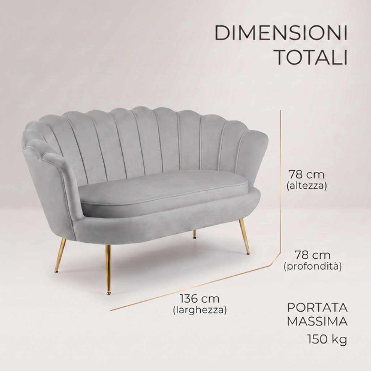Divano 2 Posti in Velluto con Schienale a Ventaglio, Seduta Imbottita dallo Stile Elegante per Soggiorno, Studio e Camera da Letto