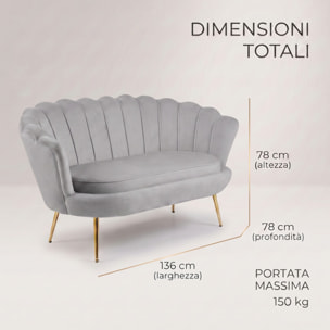 Divano 2 Posti in Velluto con Schienale a Ventaglio, Seduta Imbottita dallo Stile Elegante per Soggiorno, Studio e Camera da Letto
