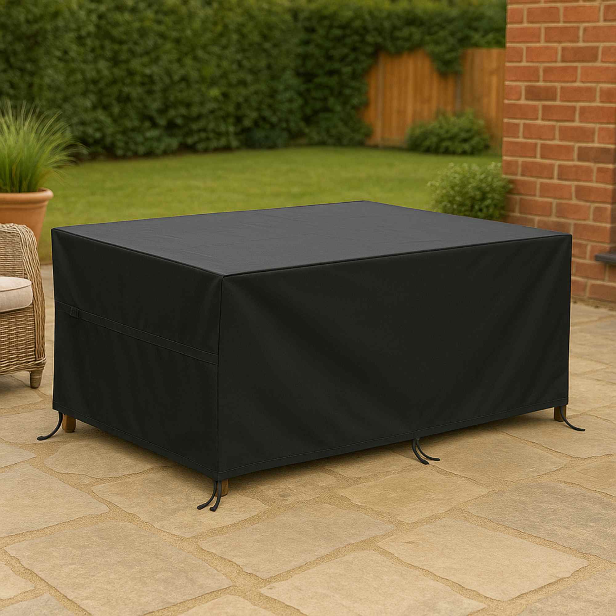 Funda rectangular para mesa de exterior en poliéster negro con bolsa de transporte