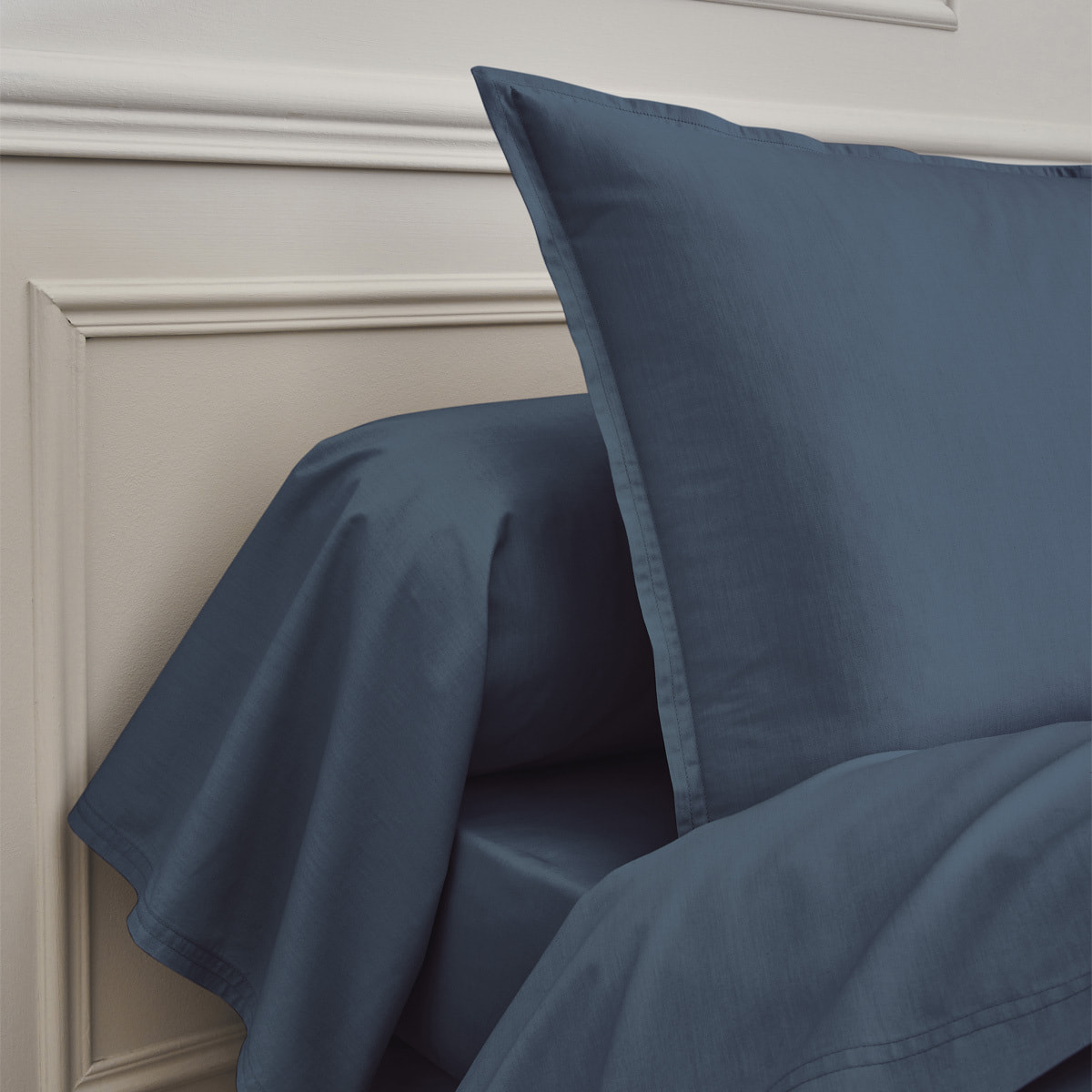 Drap plat uni en percale de coton, PREMIÈRE, Bleu Nuit