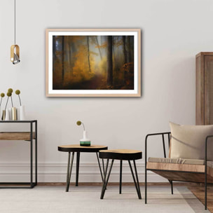 Affiche l'arbre et l'automne rouge Affiche + cadre en bois - Chêne