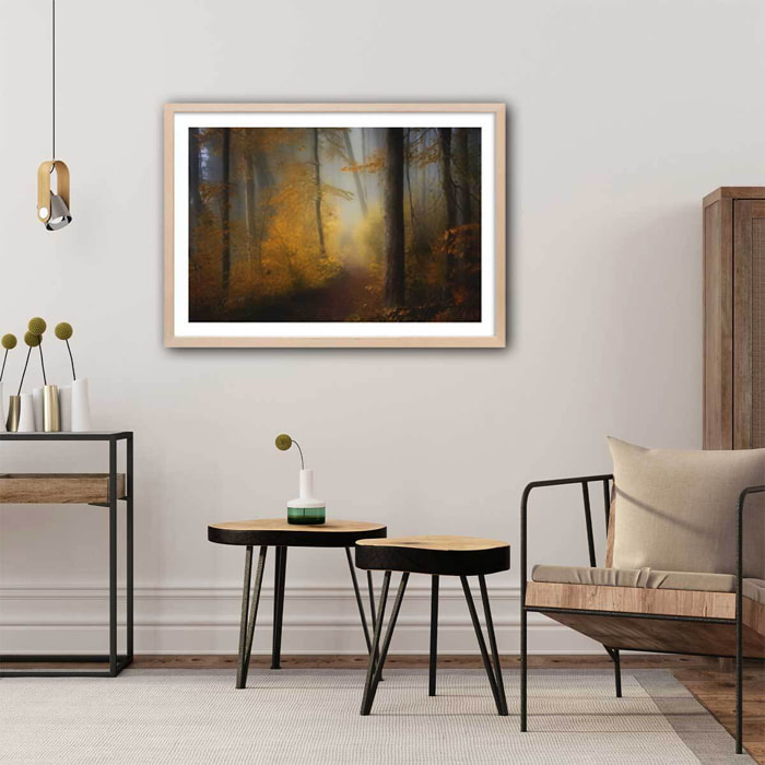 Affiche l'arbre et l'automne rouge Affiche + cadre en bois - Chêne