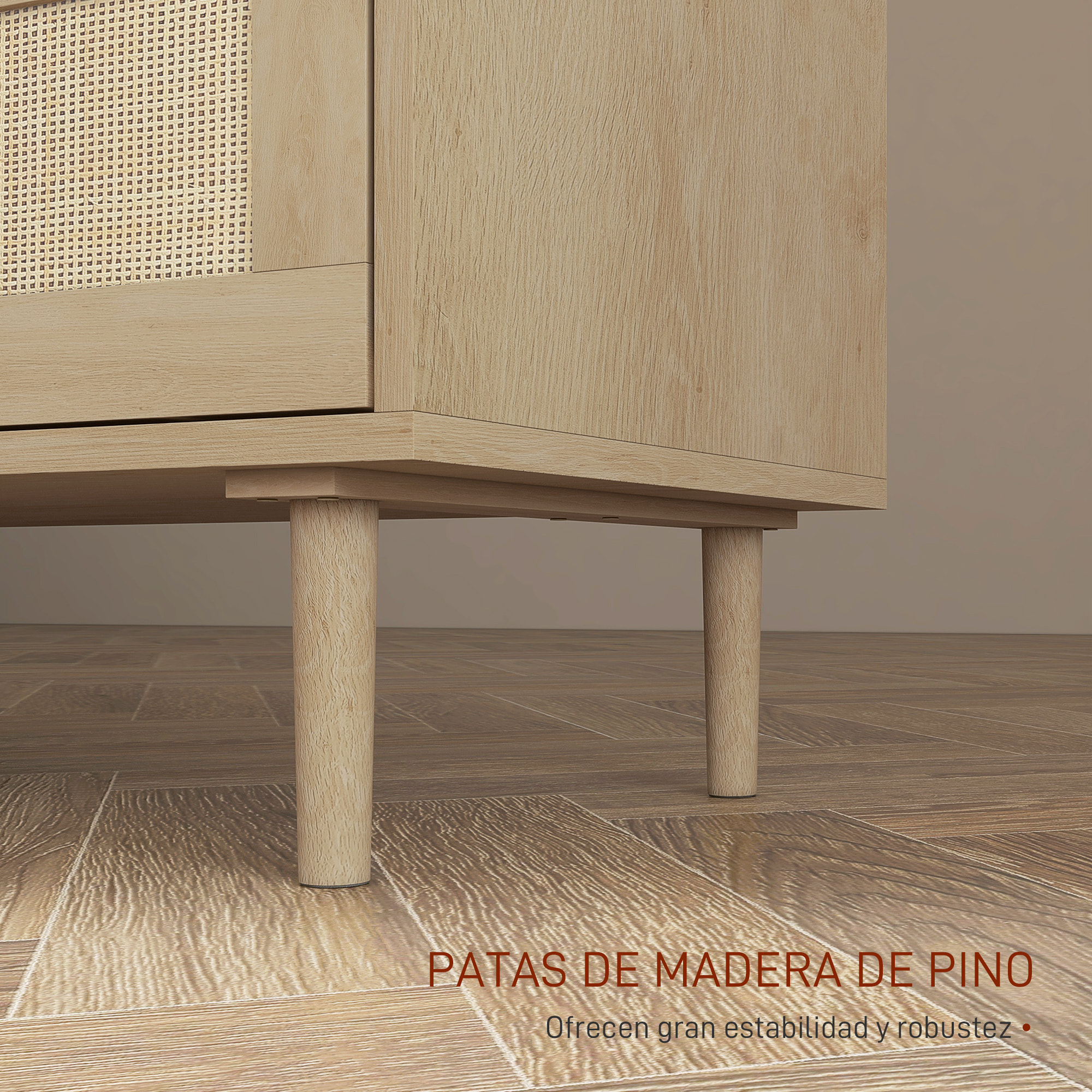 Cómoda 6 Cajones con Frontal de Ratán, Cómoda Dormitorio con Patas de Madera, Cajonera para Salón, Oficina, Estilo Bohemio, 110x40x75 cm, Roble