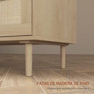 Cómoda 6 Cajones con Frontal de Ratán, Cómoda Dormitorio con Patas de Madera, Cajonera para Salón, Oficina, Estilo Bohemio, 110x40x75 cm, Roble