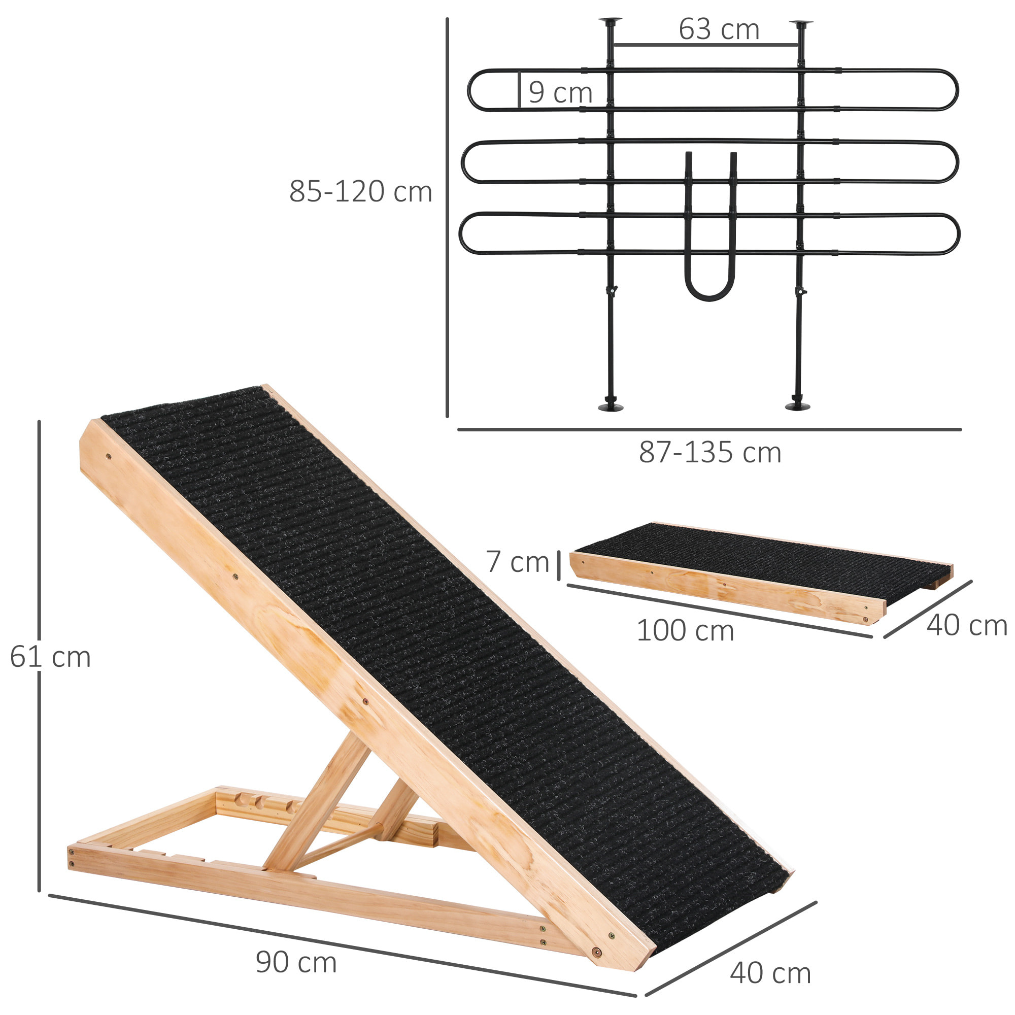 Conjunto para Mascotas Juego de Separador de Coche para Perros Ajustable y Rampa Plegable para Perros con Altura Ajustable 87-135x85-120 cm 90x40x61 cm Negro y Natural